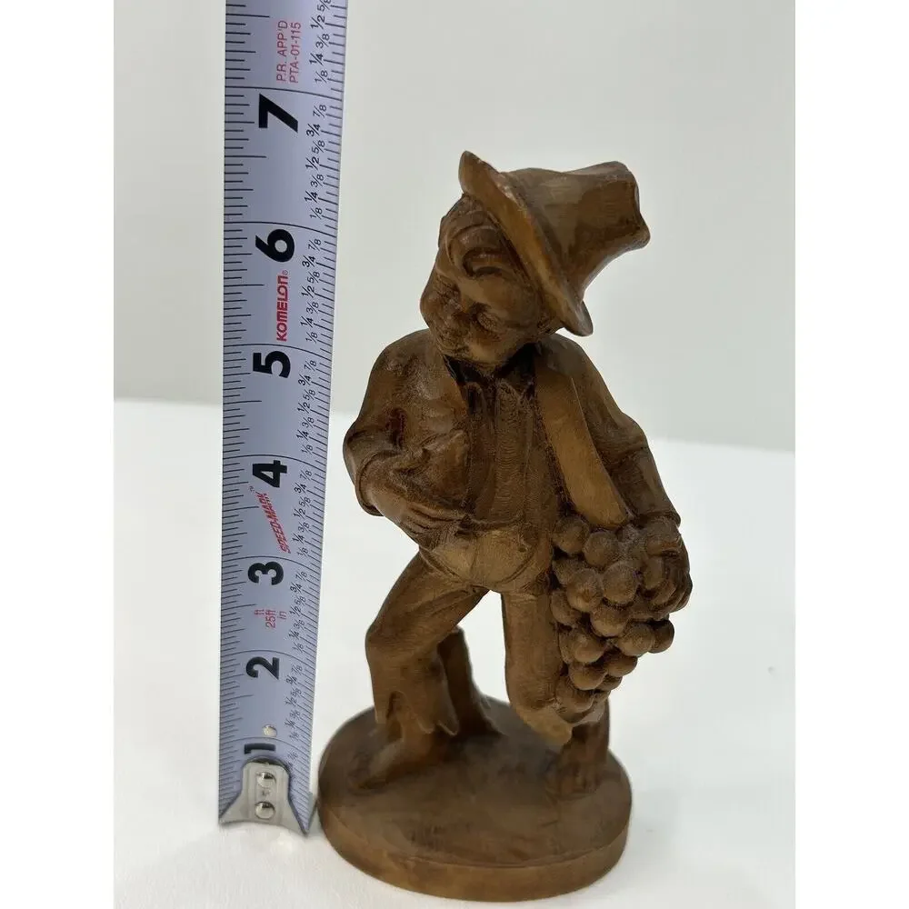 Vintage 1960’s Brown Wood Hand Carved German Oberammergau Boy‎ Holding Grapes